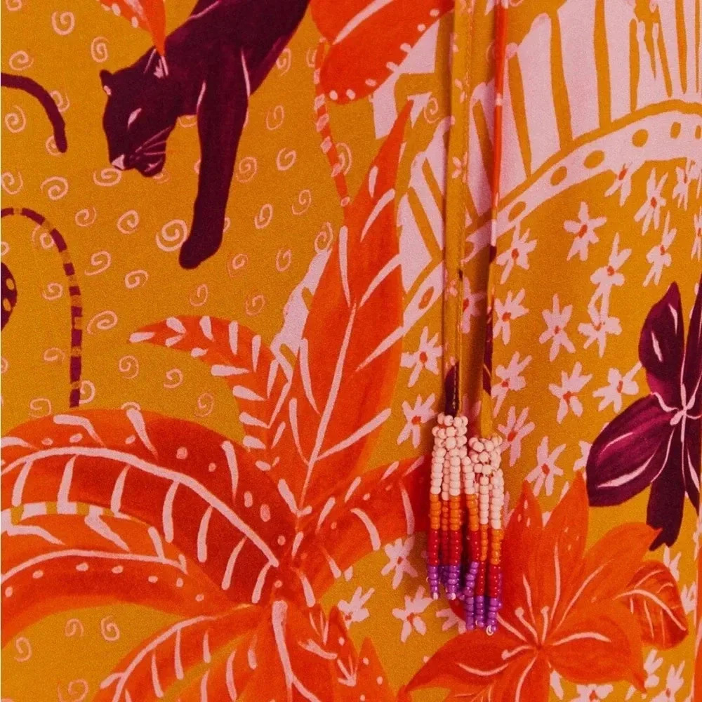 FARM RIO NWT Jungle Panther Print Cinch Keyhole Puff Sleeve Midi Dress S - Picture 7 of 15